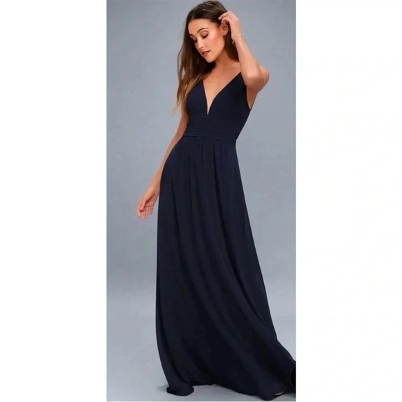 LULU'S "Leading Role" Navy Blue V-Plunge Pleated Wedding/Prom/Guest Gown SZ M - Picture 2 of 15